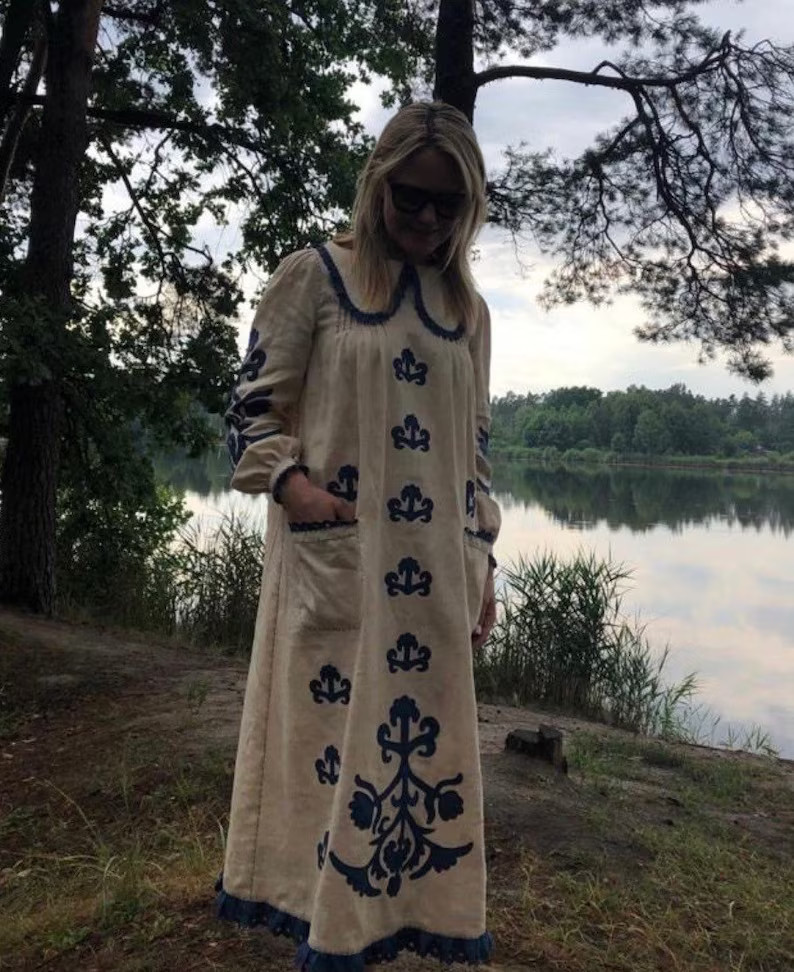 Lace Trimmed Embroidered Dress Applique Linen Dress Kaftan Boho Fashion Ukrainian Robe With Colla... | Etsy (US)