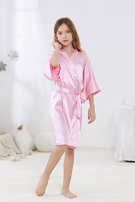 ALHAVONE Girl's Kid's Silky Satin Solid Color Short Kimono Robe for Wedding Birthday Party Spa | Amazon (US)