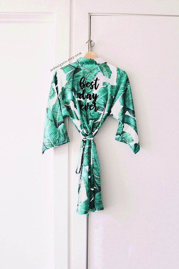 green palm leaf robe, bridesmaid robe, hawaiian robe, bridal party robes, banana leaf print, trop... | Etsy (US)