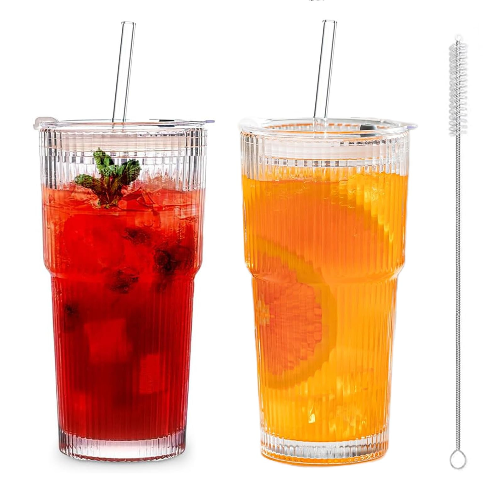 2 Stück 600ml Glasbecher mit Deckel und Strohhalm, Gerippte Glasbecher Glas Smoothie Becher, Luf... | Amazon (DE)