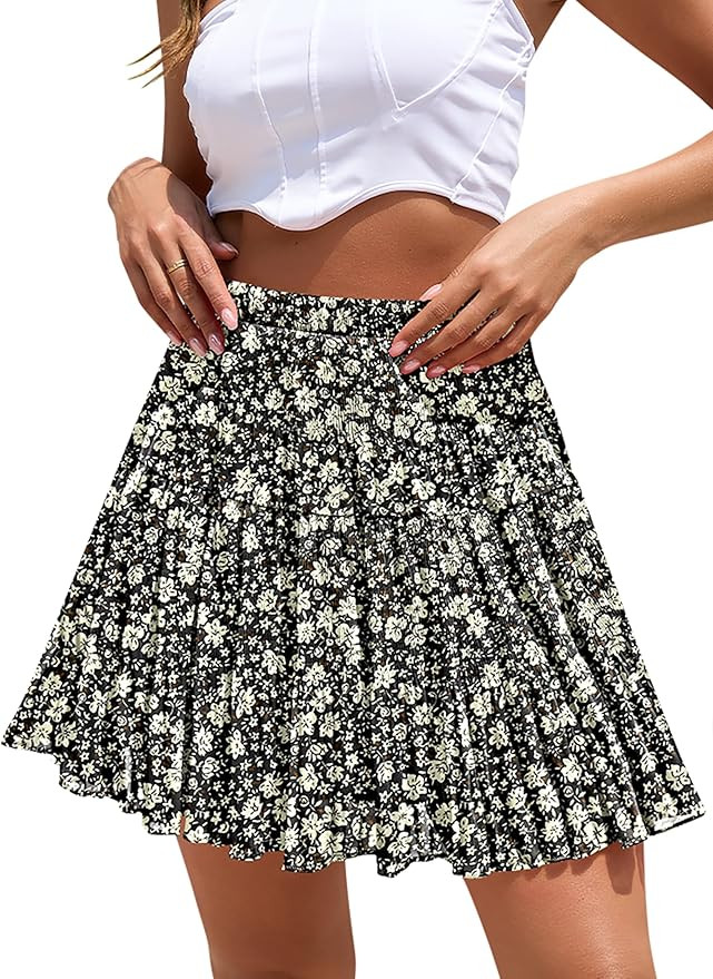 Boho Flowy Chiffon Elastic High Waisted A Line Tiered Pleated Mini Skirt | short skirts for women... | Amazon (US)