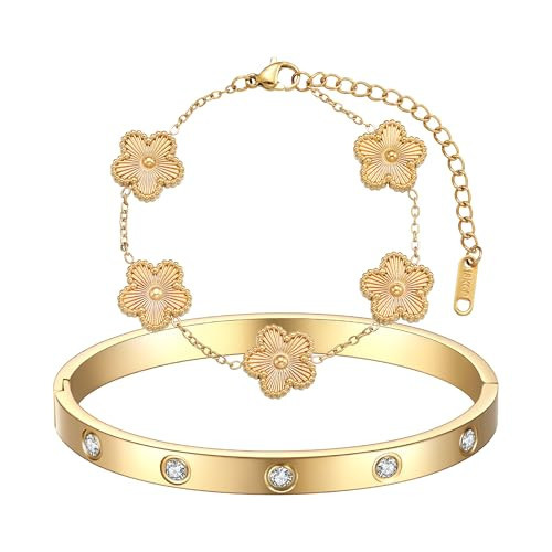 FUNIO 18K Gold Plated Van cleef Clover Bracelet Love bangle Set for Women - Stack Friendship Bracelet Lucky Link Bracelets Jewelry Gifts Trendy for Women | Amazon (US)