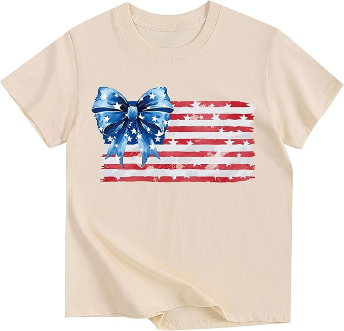 American Flag Shirts for Girls 4th of July Bow Patriotic Tshirts Cotton Short Sleeve Tees 3-13 Ye... | Amazon (US)