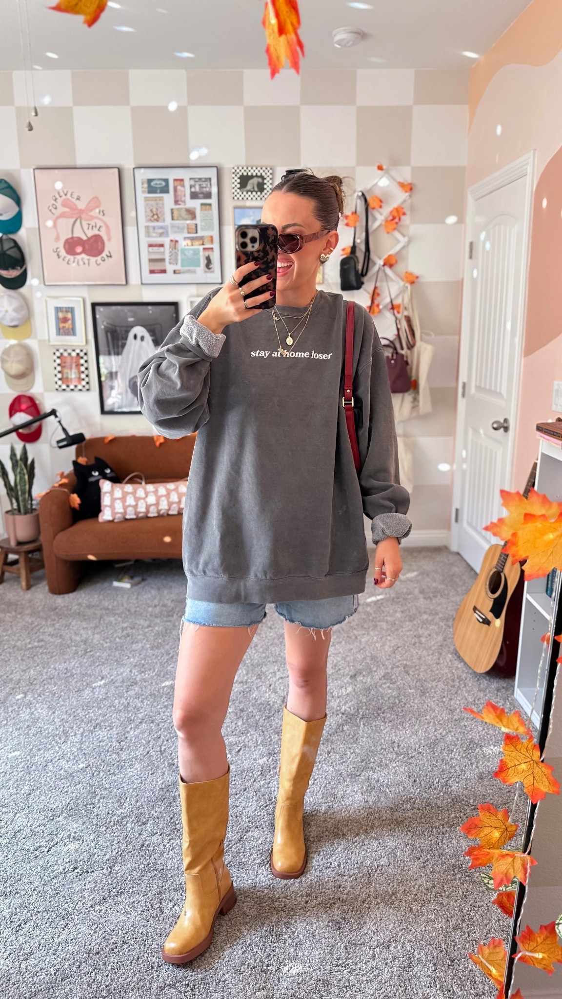Comfy fall ootd sweatshirt from @theclaire_necessities on IG. Wearing size 2xl. Shorts size medium, Frye boot dupes size 7

#LTKTall #LTKFindsUnder50