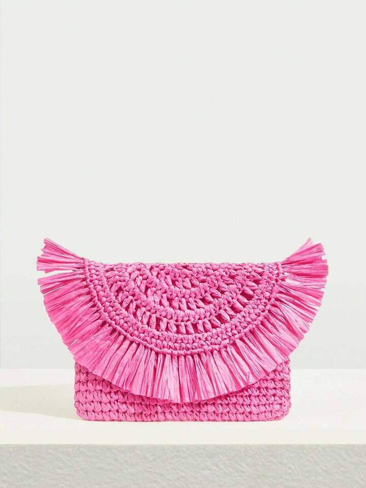 SHEIN SXY Pink Straw Bag Fringe Decor Flap,Perfect For Summer Beach Travel Vacation pink | SHEIN