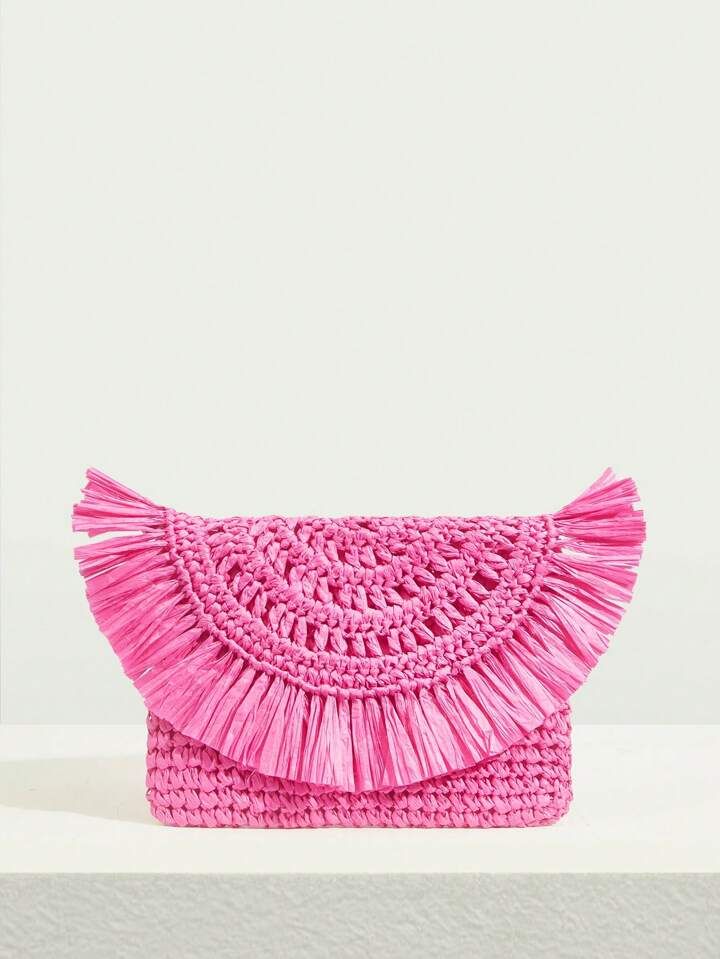 SHEIN SXY Pink Straw Bag Fringe Decor Flap,Perfect For Summer Beach Travel Vacation pink | SHEIN