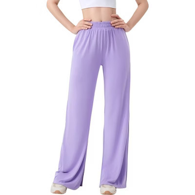 Anna-Kaci Active Women's Wide Leg Lounge Pants with Elastic Waistband and Side Slit Hem Detail - Medium, Purple | Target