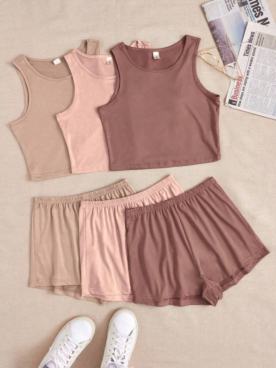 3 Sets Of Solid Color Vest And Shorts Home Clothing Suit | SHEIN