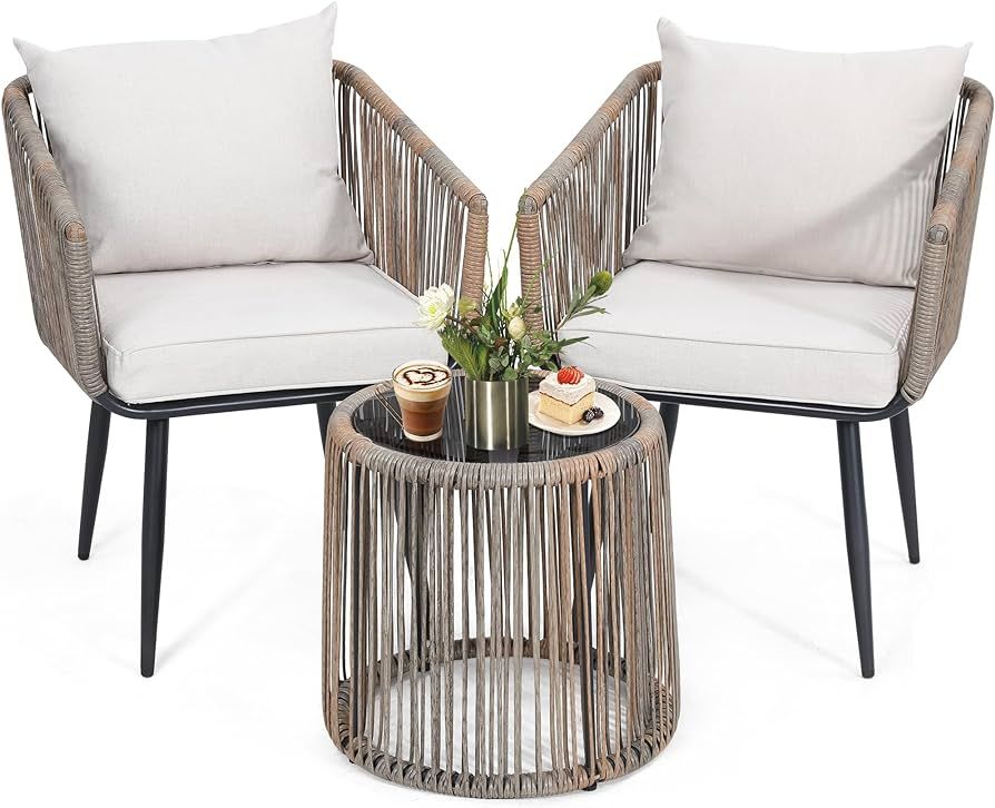 Kromax 3 Pieces Patio Rattan Bistro Conversation Set, Outdoor All-Weather Wicker Furniture Chairs... | Amazon (US)