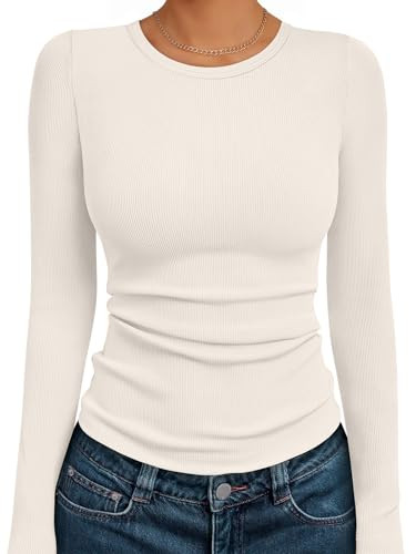 AUTOMET Women's Long Sleeve Shirts Ribbed Slim Fit Crewneck Tops Basic Layering Tees Undershirts Fall Winter Clothes Beige S | Amazon (US)