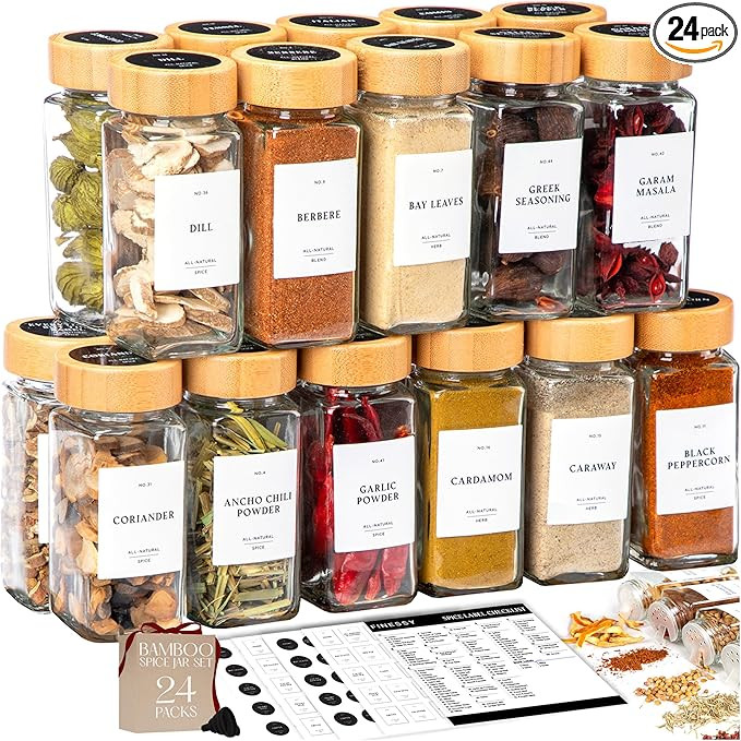 FINESSY Bamboo Glass Spice Jars with Labels and Shaker Lids Clear Empty 4oz 24 Pack Bottles Set, ... | Amazon (US)