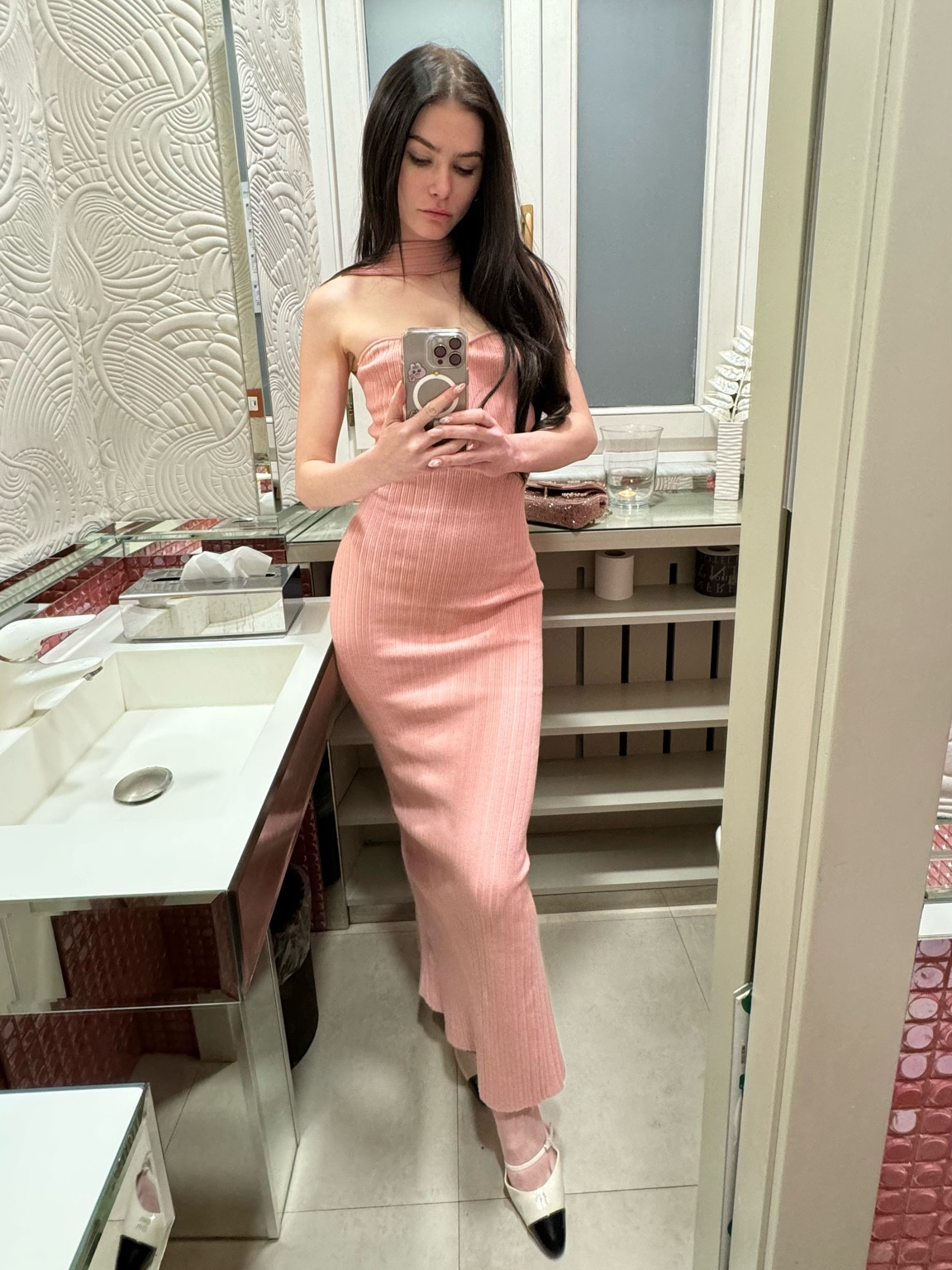 nana jacqueline pink evening dress miu miu chanel valentine’s day 