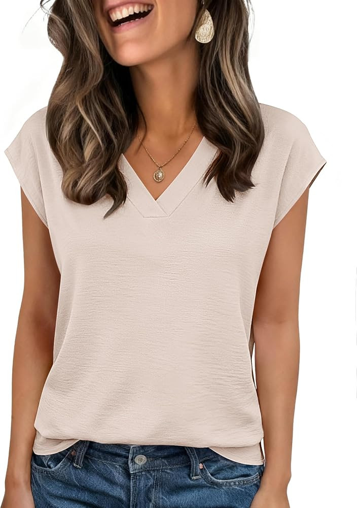 Zeagoo Womens Tops Cap Short Sleeve Textured Blouse V Neck Summer Spring Shirts Business Casual O... | Amazon (US)