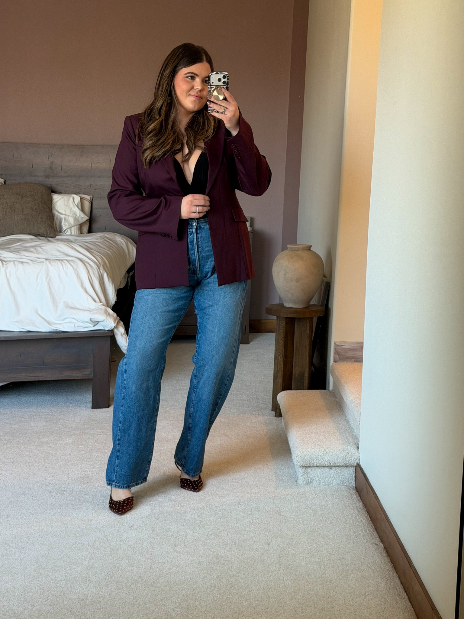 Elevated denim outfit with maroon blazer, would be great for a night out or special event - date night anyone? 

Wearing XL in the maroon blazer (from naked wardrobe)  xl in the bodysuit and 14 in the denim

#LTKmomlife #LTKMidsize #LTKNYFW