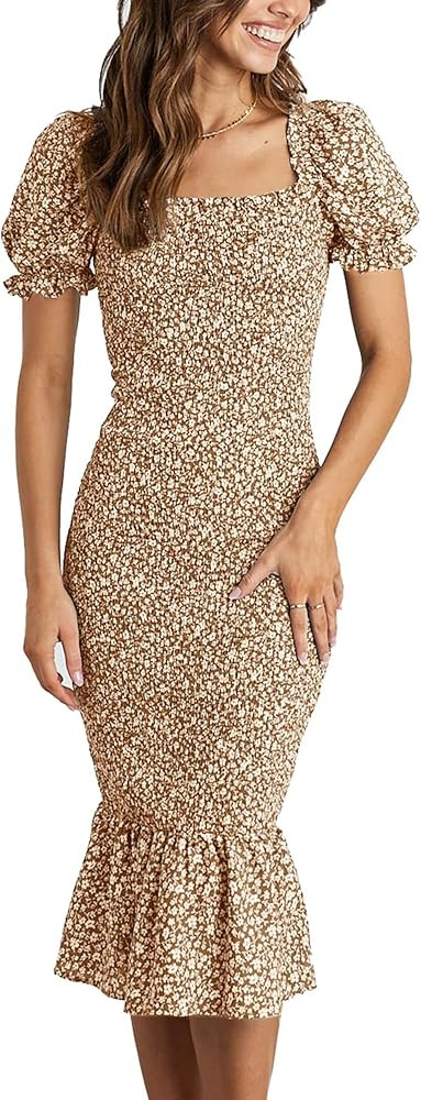 PRETTYGARDEN Women's Summer Floral Midi Bodycon Dresses Short Puff Sleeve Square Neck Ruffle Hem ... | Amazon (US)