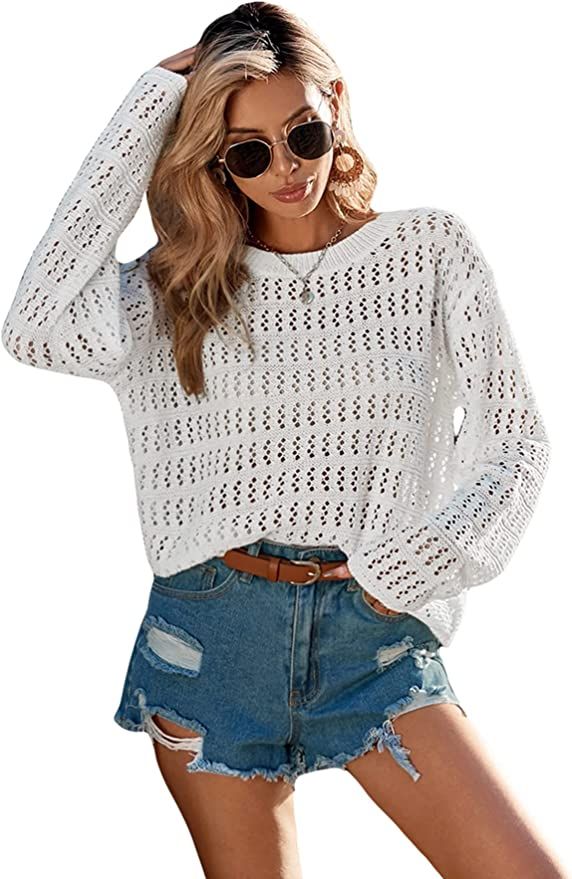 Verdusa Women's Hollow Out Knit Drop Shoulder Long Sleeve Pullover Sweater Top | Amazon (US)