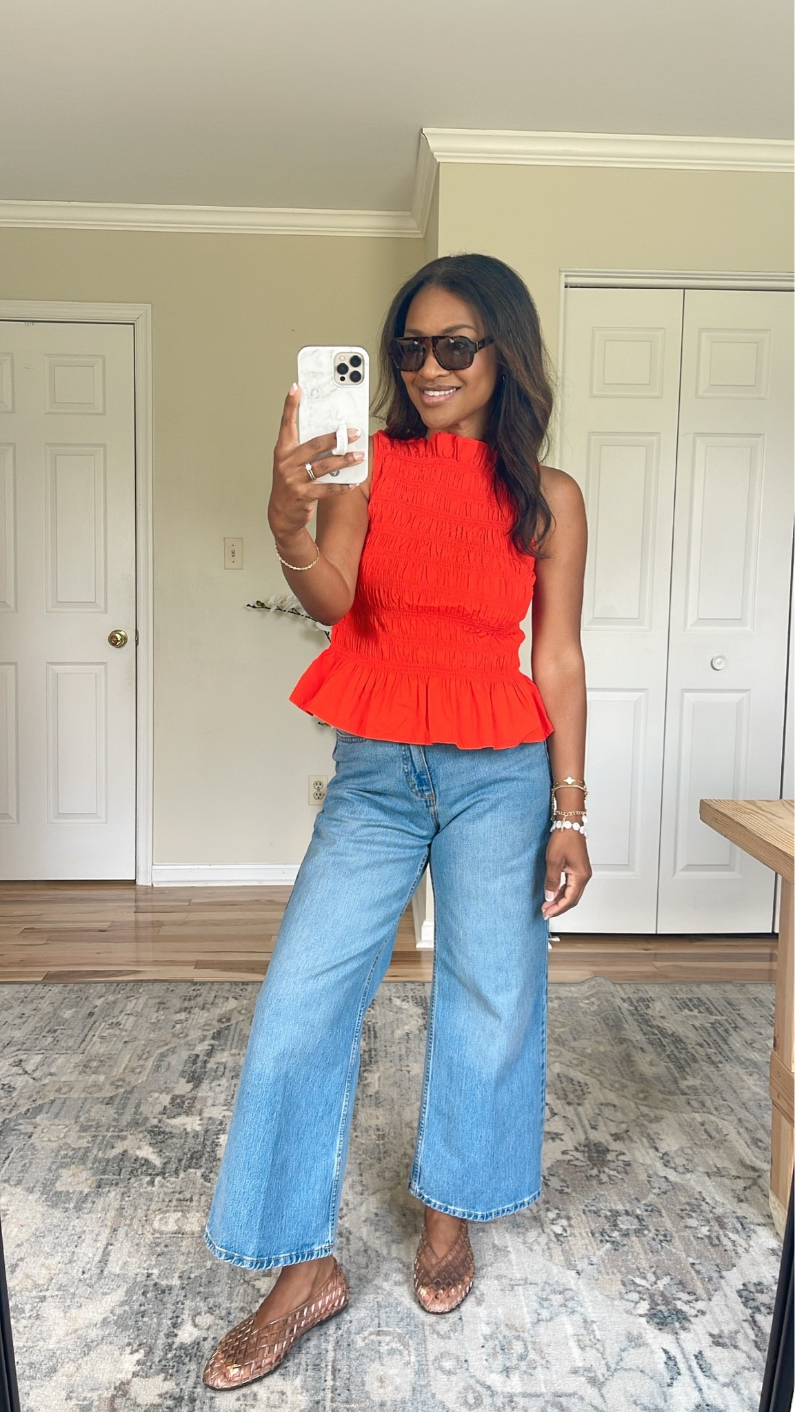 Small in top and size 4 in jeans. I would size down 1/2 in the jellies

#LTKgrwm #LTKootd #LTKOver40