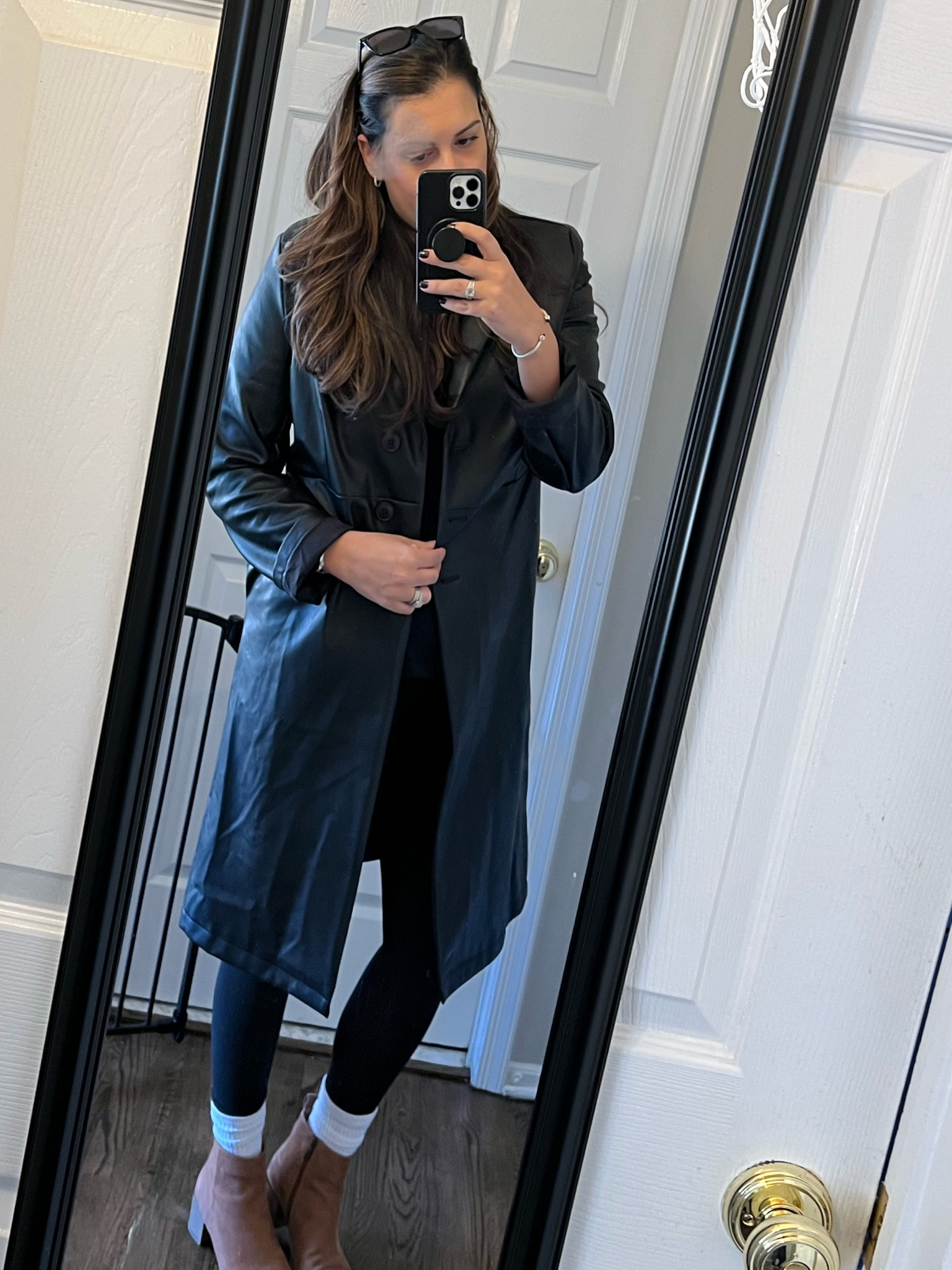Leather (faux) in effect! 

#leather #fall #black #leggings #boots #trench #sunglasses #winter #ootd

#LTKstyletip #LTKGiftGuide #LTKfindsunder50