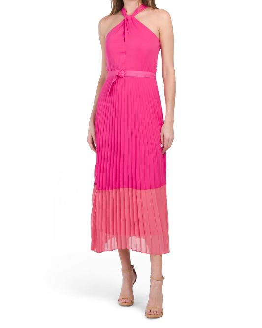 Halter Neck Pleated Color Block Belted Dress | TJ Maxx