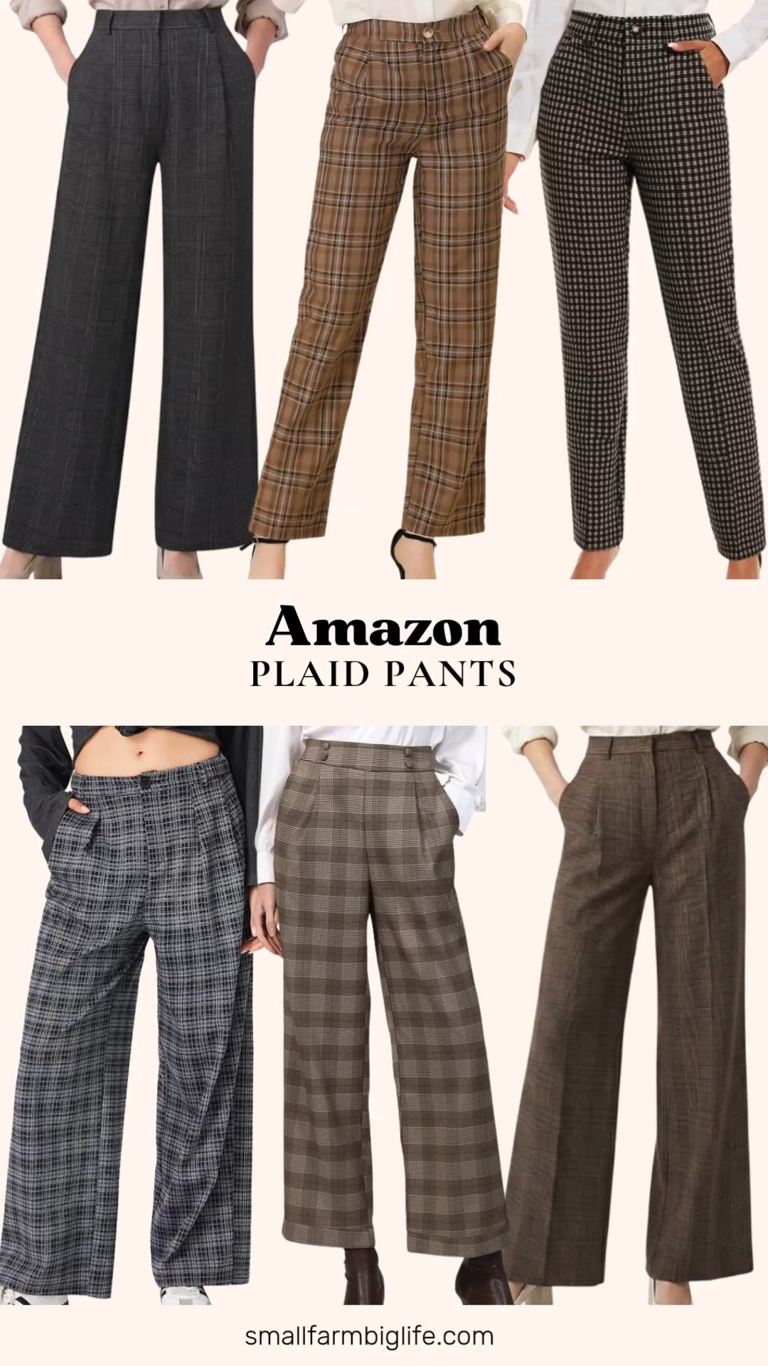 Plaid pants are a fall office staple and this edit rounds up the best trouser styles worth adding to your work wardrobe.

Starting with classic straight leg options: a brown plaid elastic waist casual trouser perfect for the office, and a brown and tan plaid business straight leg stretch slack that works for everyday wear.

For wide leg styles: a dark brown plaid high waisted palazzo pant in an extra long flowy fit, a dark grey plaid version of the same high waisted palazzo style, and a brown plaid houndstooth high waisted wide leg trouser.

Rounding it out is this black and grey plaid wide leg trouser with side pockets, a checkered print that is perfect for fall and winter office outfits.

#plaidpants #widelegpants #workwear #falltrousers #officeoutfits 

 #LTKootd #LTKOver40 #LTKWorkwear