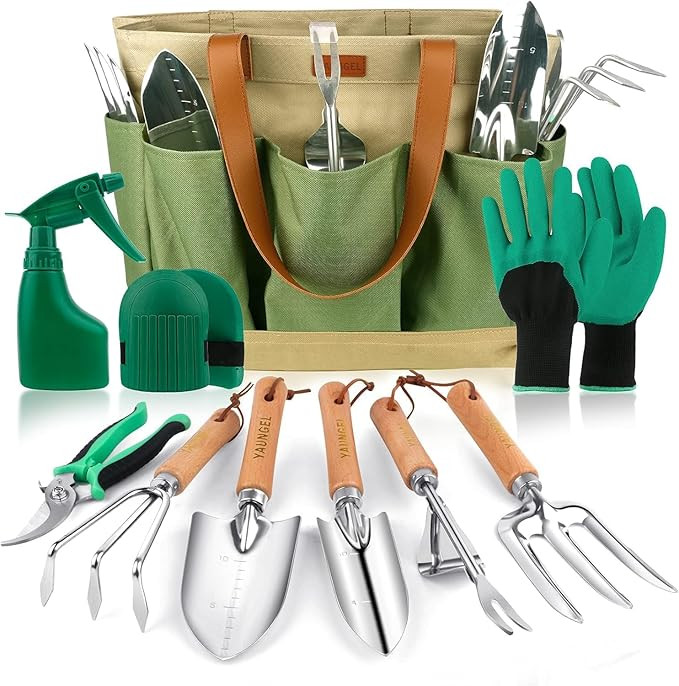 YAUNGEL Gardening Tools - 10 Pcs Garden Tool Set Heavy Duty Stainless Steel Garden Supplies Hand ... | Amazon (US)
