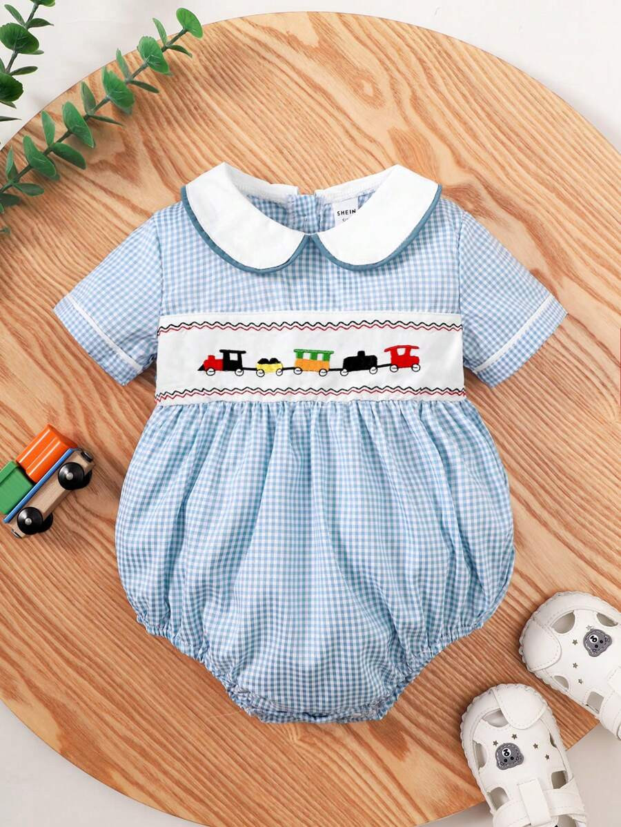 Souflis Baby Boy's Plaid Patchwork Romper With Doll Collar And Car Embroidery | SHEIN