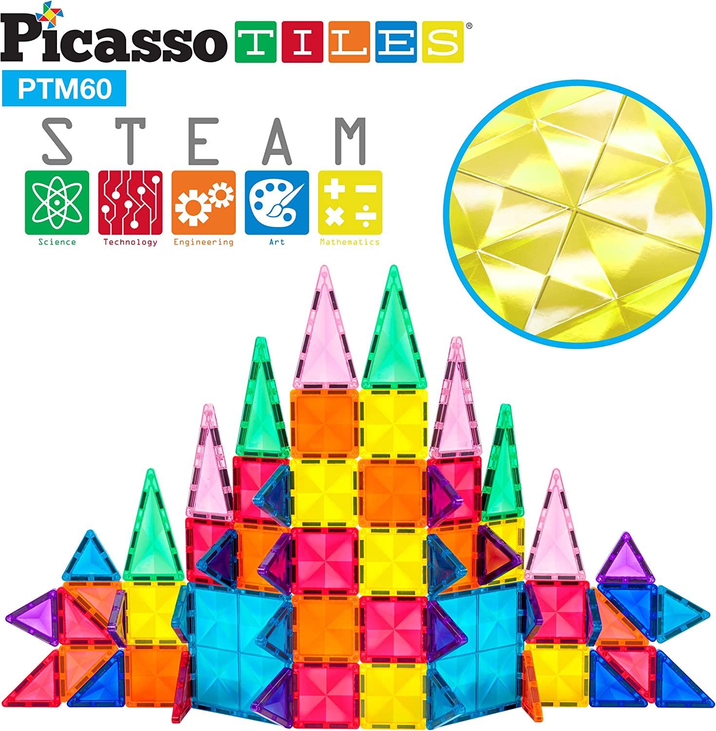 Amazon.com: PicassoTiles 60 Piece Magnetic Building Block Mini Diamond Series Travel Size On-The-... | Amazon (US)