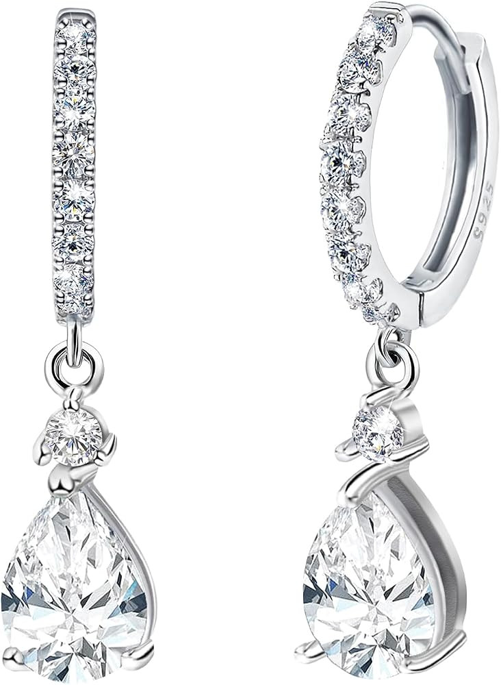 Hoop Earrings with Dangle Charm Sterling Silver Cz Teardrop Dangle Earrings Pear Drop Huggie Hoop... | Amazon (US)