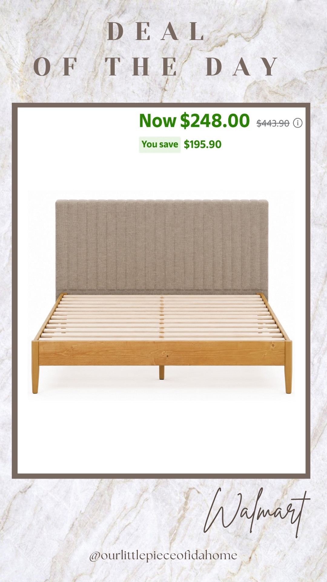 I’m linking this upholstered bed because it looks far more expensive than it is.

The neutral fabric headboard, warm wood frame, and clean lines make it an easy fit for a timeless bedroom. It brings in texture and warmth while keeping the space feeling light and relaxed.

If you’ve been looking for a designer-inspired bed frame at a great price, this deal is worth a look.
@Walmart 

 #LTKU #LTKHome #LTKSaleAlert