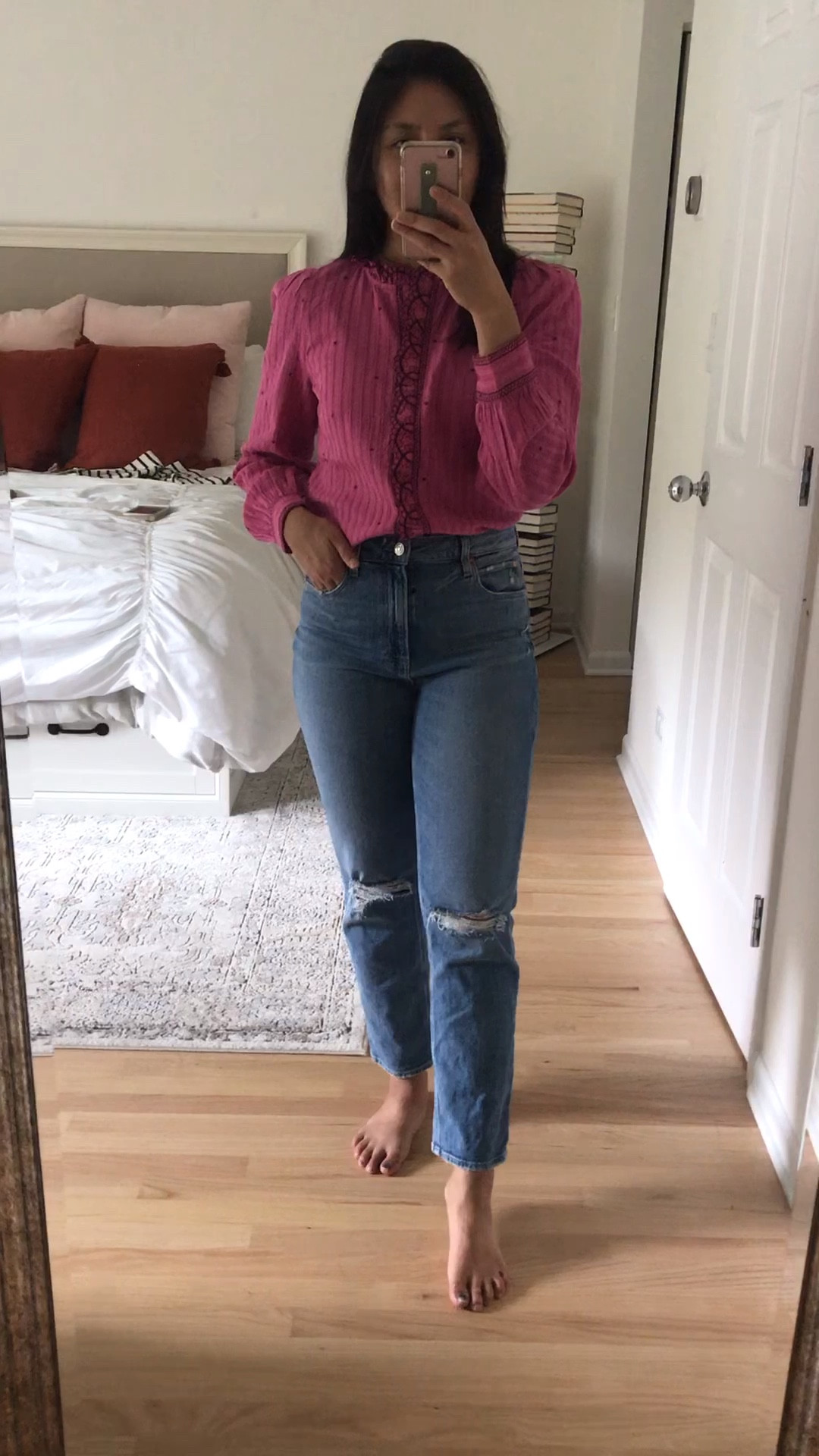 This sezane blouse is what you need to add to your fall outfit. It’s the perfect magenta color with subtle puff sleeve. It can easily be dressed down or dressed up. It’s a great work from home outfit. These Paige denim are my favorite distressed ankle jeans. Fits true to size and one of my most comfortable jeans. This is a great mom outfit. 


#LTKSeasonal #LTKstyletip