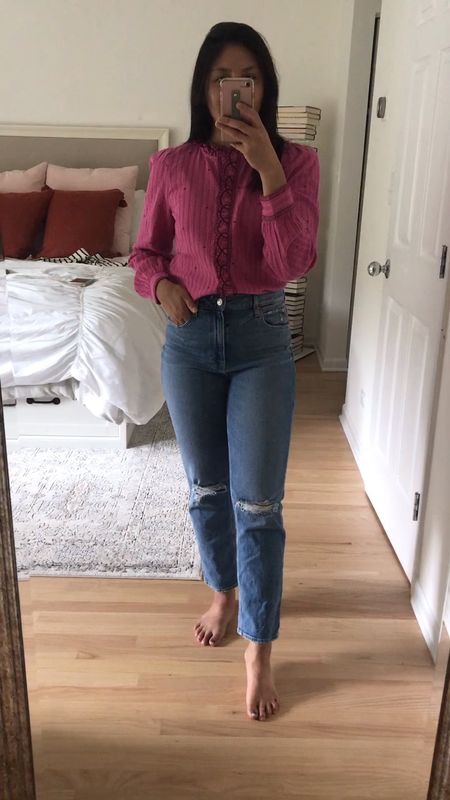 This sezane blouse is what you need to add to your fall outfit. It’s the perfect magenta color with subtle puff sleeve. It can easily be dressed down or dressed up. It’s a great work from home outfit. These Paige denim are my favorite distressed ankle jeans. Fits true to size and one of my most comfortable jeans. This is a great mom outfit. 


#LTKSeasonal #LTKstyletip