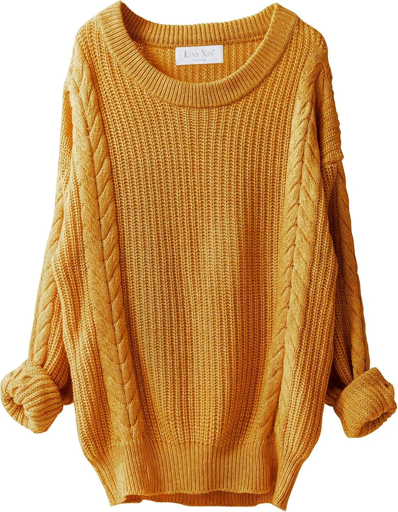 LINY XIN Women's Oversized 100% Merino Wool Fall Winter Warm Crewneck Long Sleeve Knit Cable Long Pu | Amazon (US)