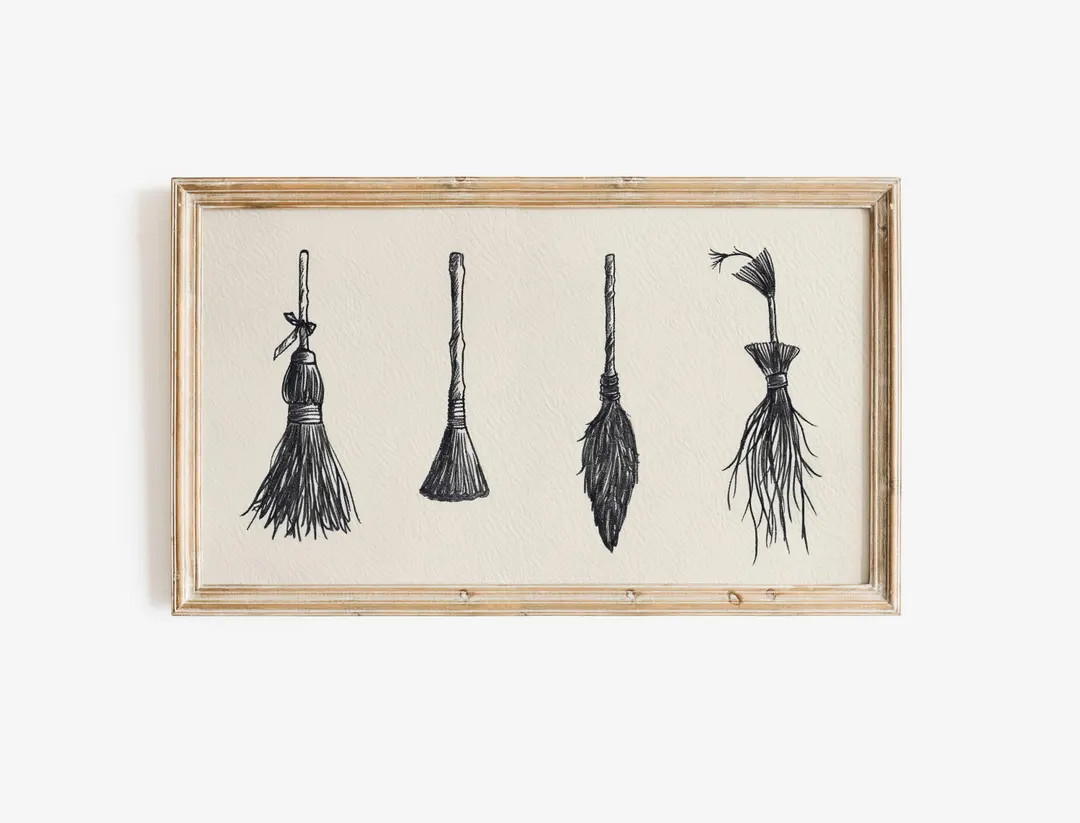 Whimsical Witch Brooms Art, Vintage Illustrative Print, Digital Download for Samsung the Frame TV... | Etsy (US)