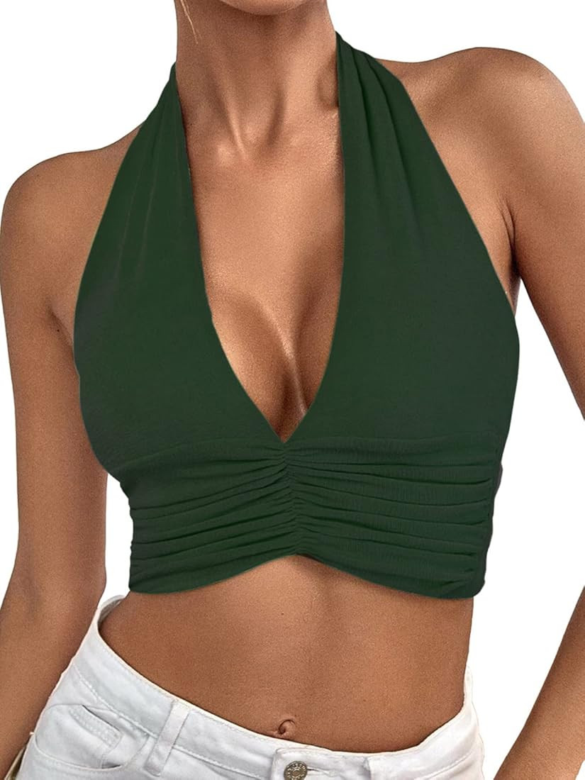 SansoiSan Women Halter Neck Bow Bandage Sexy Wrinkled Pleated Crop Top Sleeveless Slim Fit Bindin... | Amazon (US)