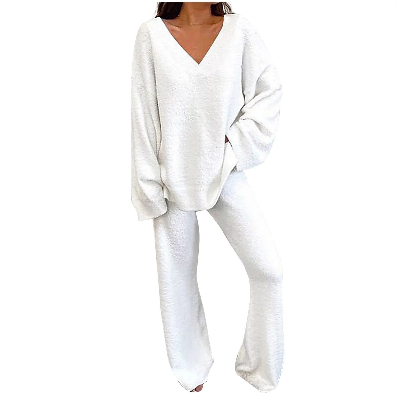 Women's Fluffy Pajamas Set Warm Winter Plush Soft Long Sleeve Top and Pants 2 Piece Set Fuzzy Lou... | Walmart (US)