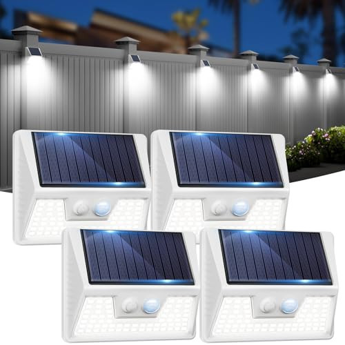 vighep 4 Pack Solar Fence Lights Waterproof, Motion Sensor Deck Lights Outdoor, Cold White LED Outside Lights Wireless for Wall Yard Steps Stairs Garden - White | Amazon (US)