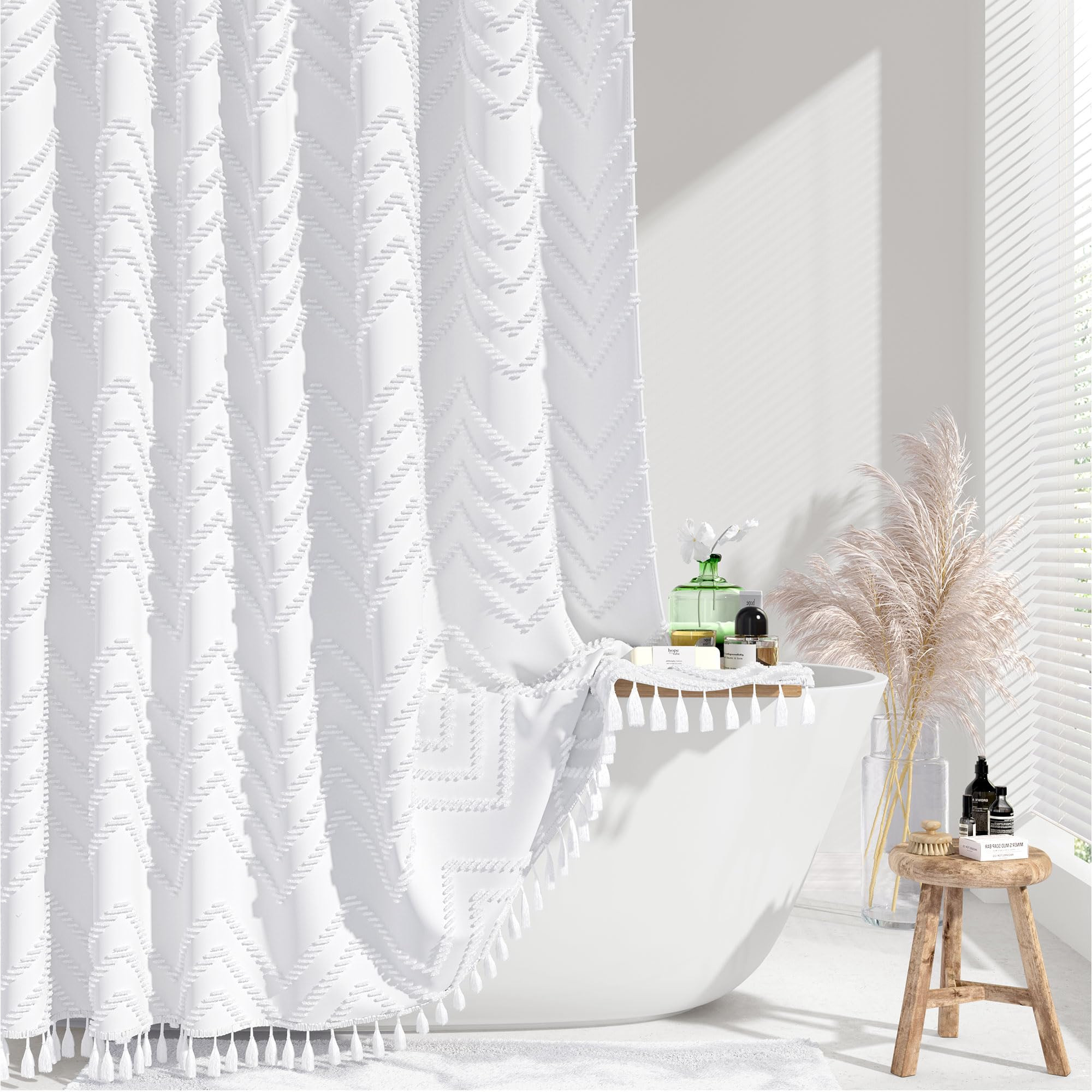 Dynamene 78 Inches Long Shower Curtain, Boho Tufted Chevron Striped Tall Cloth Shower Curtains fo... | Amazon (US)