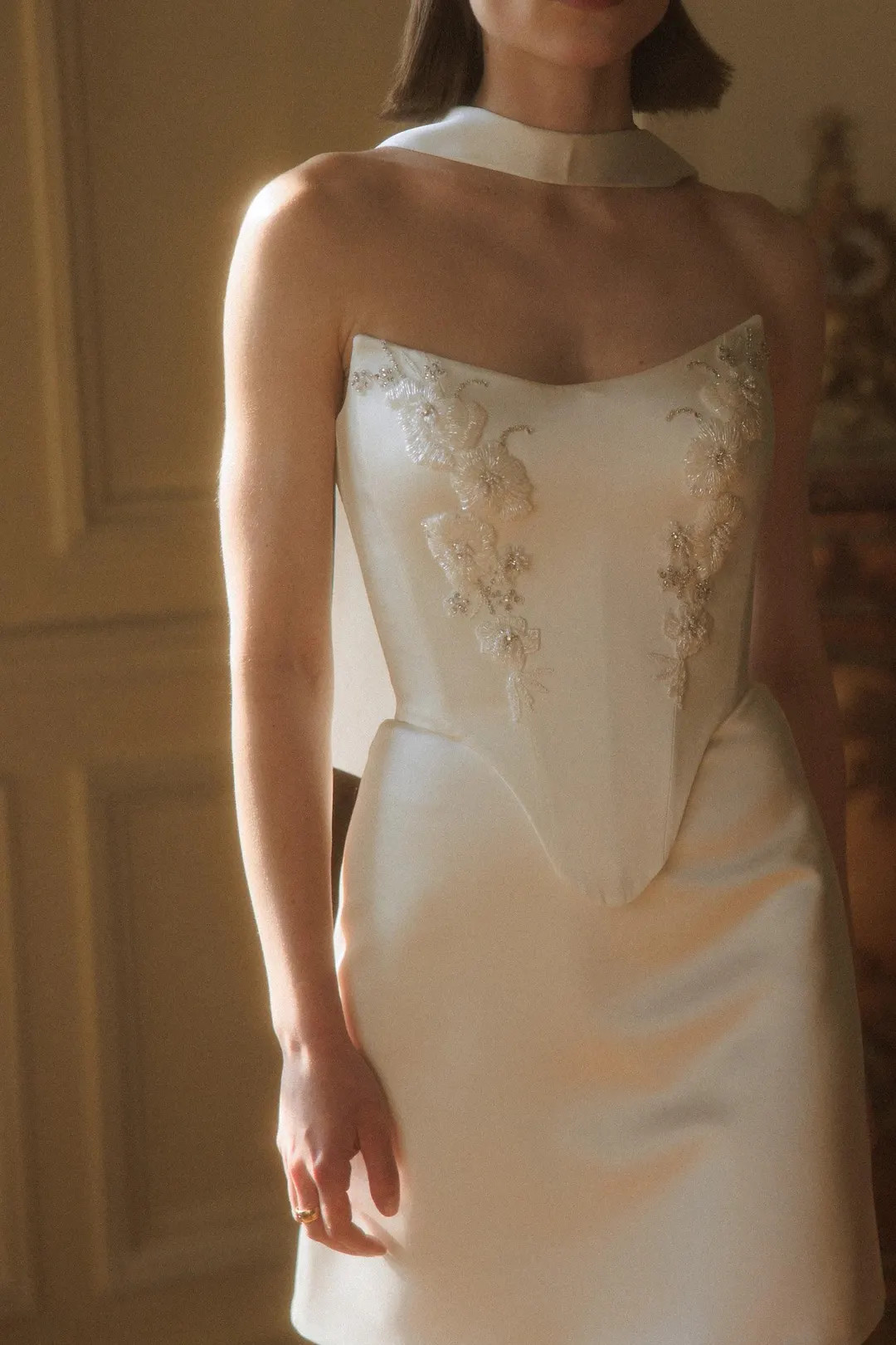 DAPHNA / White wedding set, mini wedding dress, White Satin Corset Mini Skirt Hand Beaded Lace Cr... | Etsy (US)