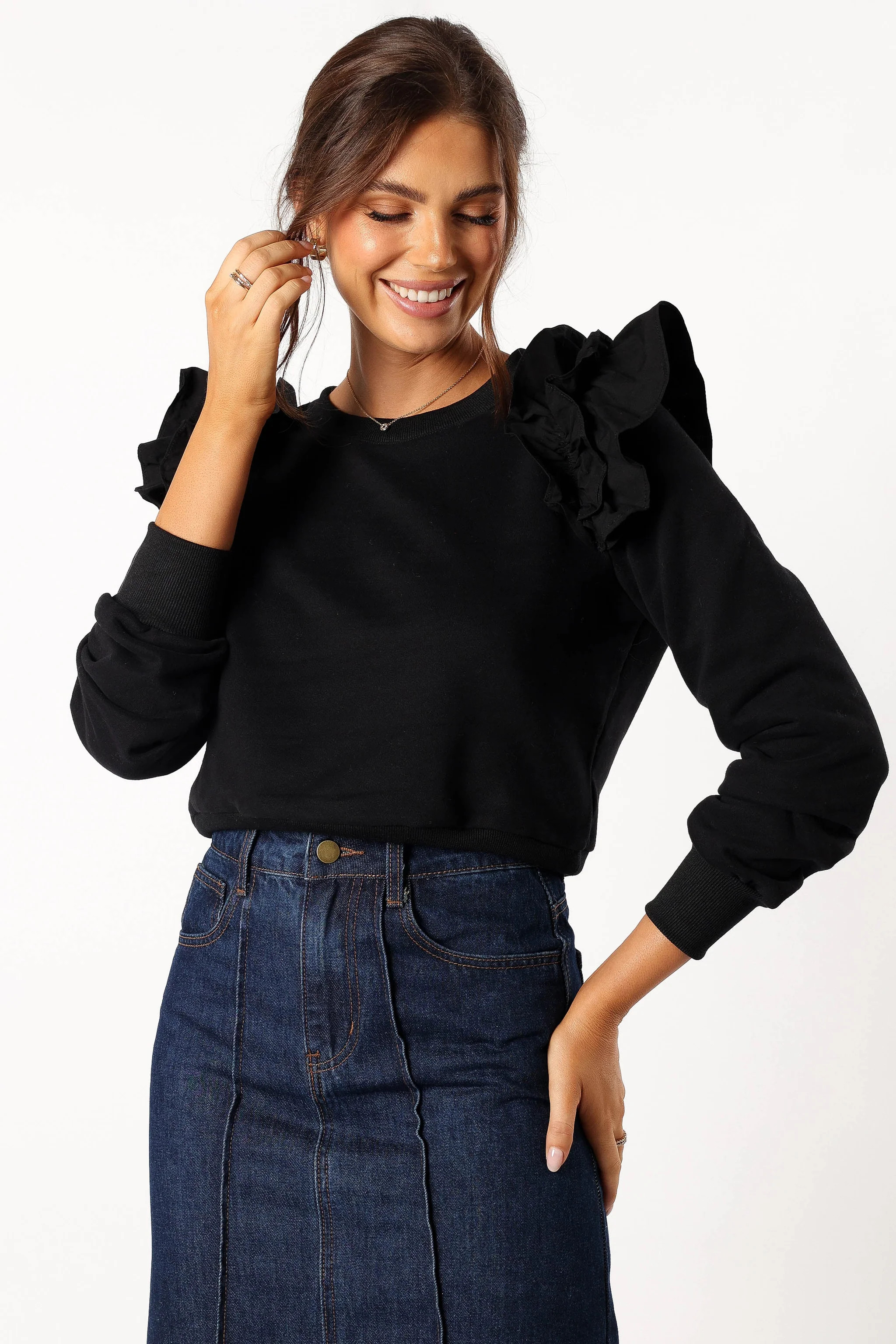 Cora Ruffle Sleeve Sweatshirt - Black | Petal & Pup (US)