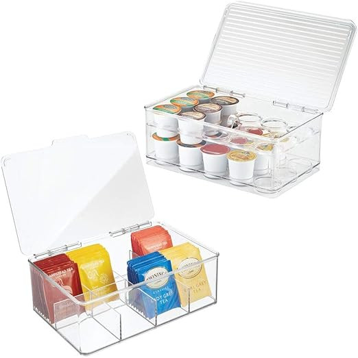 mDesign Stackable Kitchen Box Organizers for Coffee Pods, Tea Bags - Set of 2, Divided, Clear | Amazon (US)