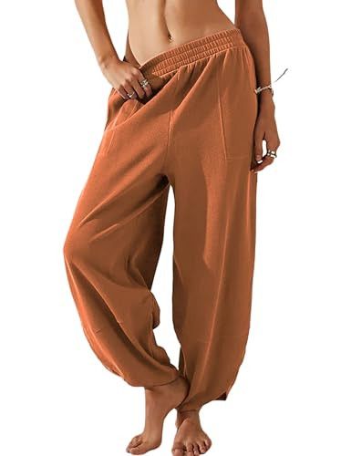 Tomosc Womens Baggy Wide Leg Pants Summer Linen Pants Casual Elastic Waist Palazzo Harem Pants with Pockets (4S-Orange-M) | Amazon (US)