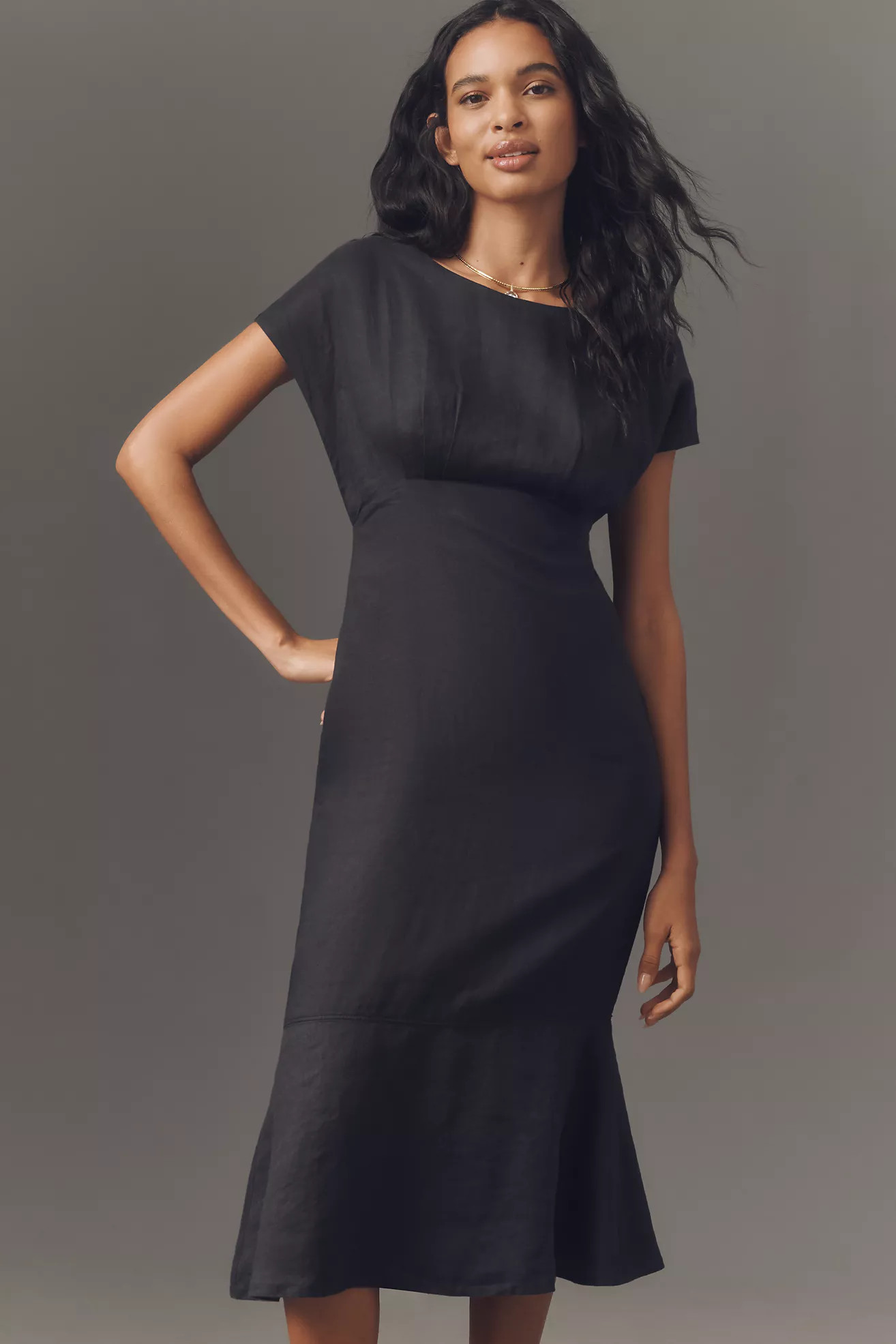 Maeve Short-Sleeve Linen Wrap-Back Slim Midi Dress | Anthropologie (US)