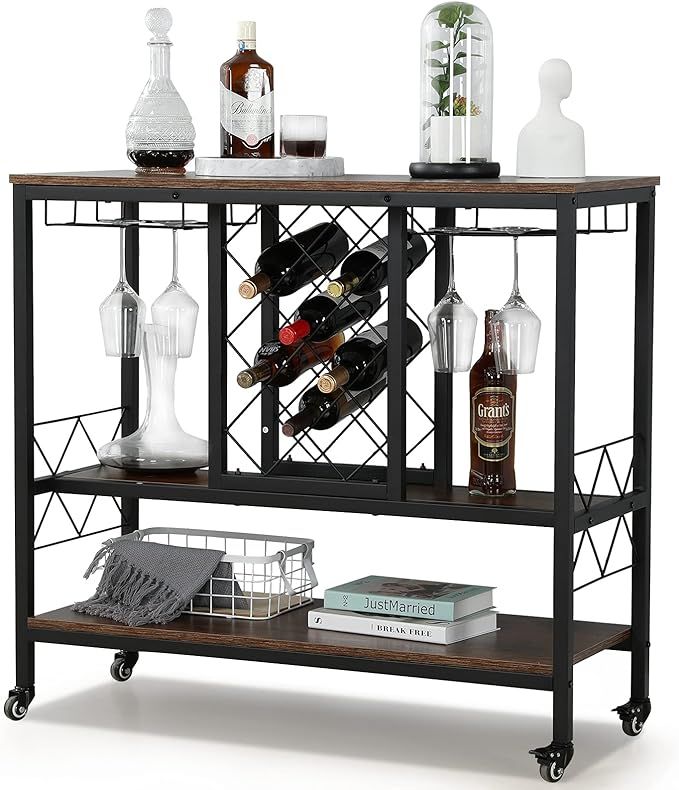 AVAWING Wine Rack Table w/Glass Holder, Industrial Wine Bar Cart w/Storage, 8 Bottle Metal Bar Ca... | Amazon (US)