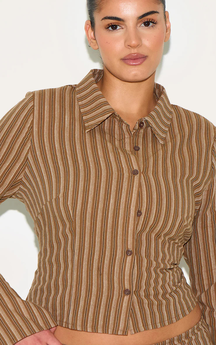 Plus Brown Pinstripe Fitted Shirt | PrettyLittleThing US