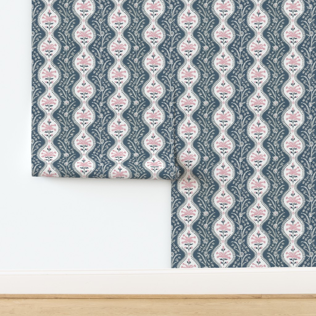 Wallpaper in Seine Serpentine Navy and Blush | Spoonflower