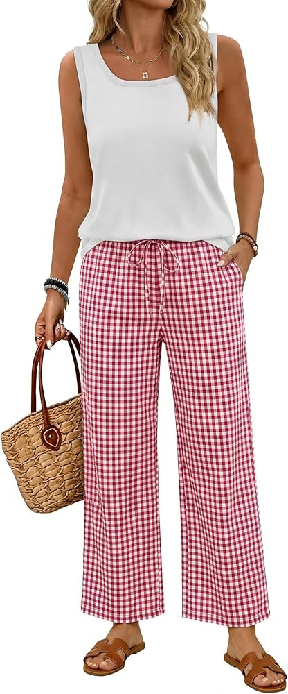 WIHOLL Two Piece Sets for Women Summer Spring Outfits Tank Square Neck Sleeveless Travel Vacation... | Amazon (US)