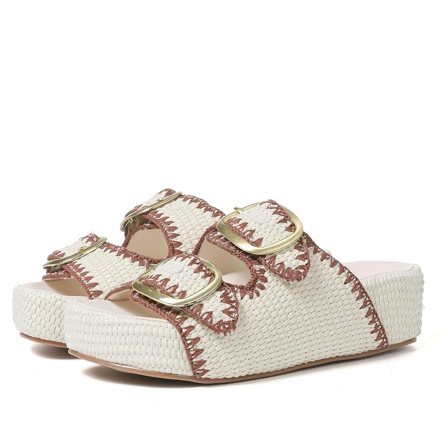 Platform Sandals For Women Raffia Espadrilles Open Toe Flatform Sandals Slip On Slide Sandals Cas... | Amazon (US)
