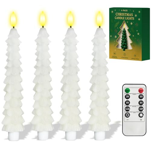 4 Pcs White Christmas Tree-Shaped Flameless Taper Candles with Remote and Timer, 9.8'' Real Wax LED Window Candlesticks, 3D Flame Wick Battery Operated Christmas Tree Candles for Holiday Decoration | Amazon (US)