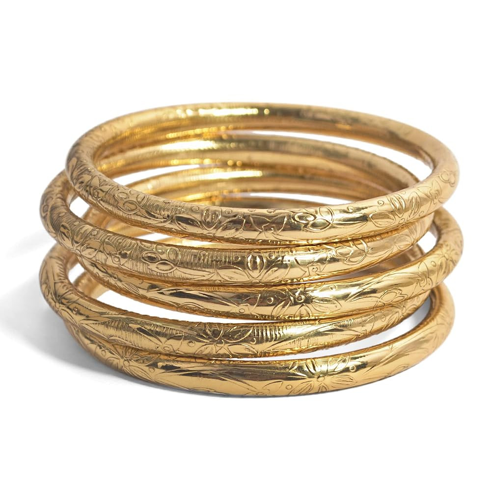 Handmade Brass Pipe Bangle Set – Floral Embossed Slim Round Bangles in Golden Finish – Stacka... | Amazon (US)