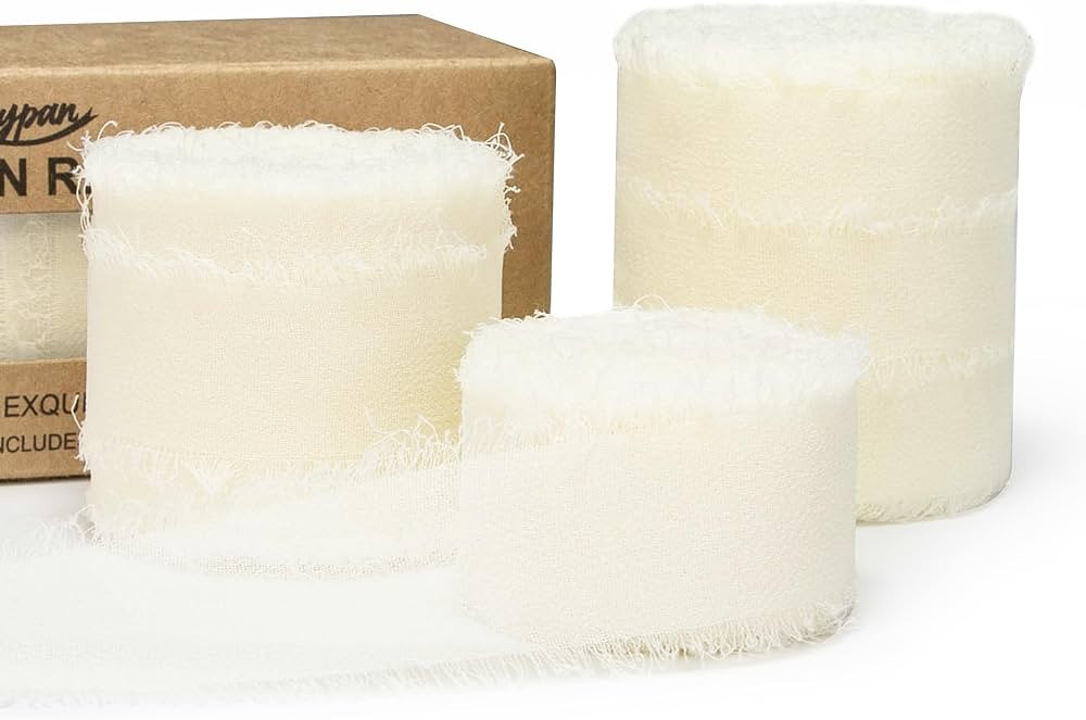 Keypan Chiffon Ribbon Ivory Silk 1" 1.5" 2" x 7Yd Set Handmade Fringe Wedding Ribbons for Gift Wr... | Amazon (US)